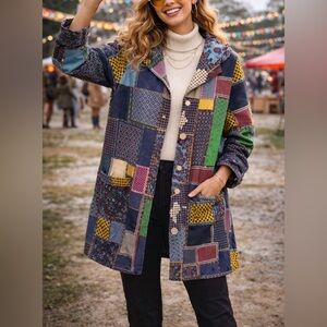 Fun Boutique Patchwork Inspired Lightweight Long Hooded Jacket Womens Size L